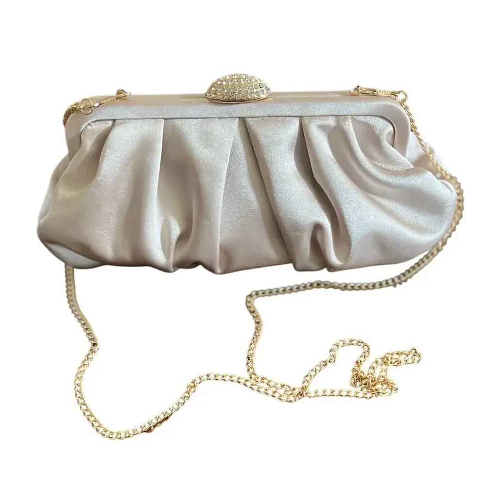 Kelly & Katie Evening Bag Pleated Clutch Satin Champagne Gold Rhinestone Chain